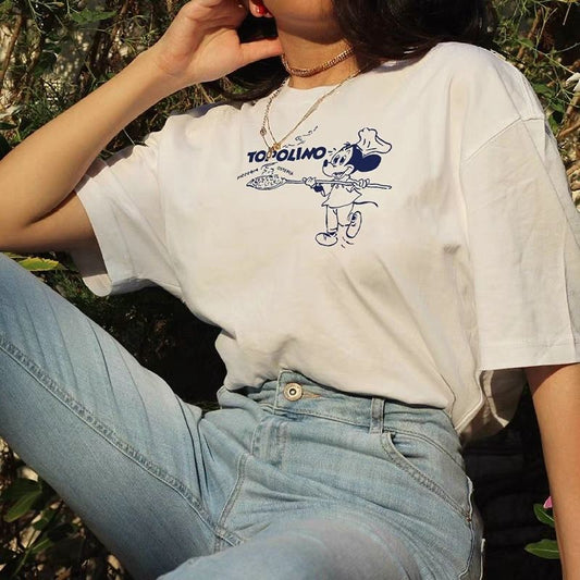 American Retro Vintage Cartoon Mickey Pizza Print T-Shirt Loose Pure Cotton White Short Sleeve Top for Women Summer