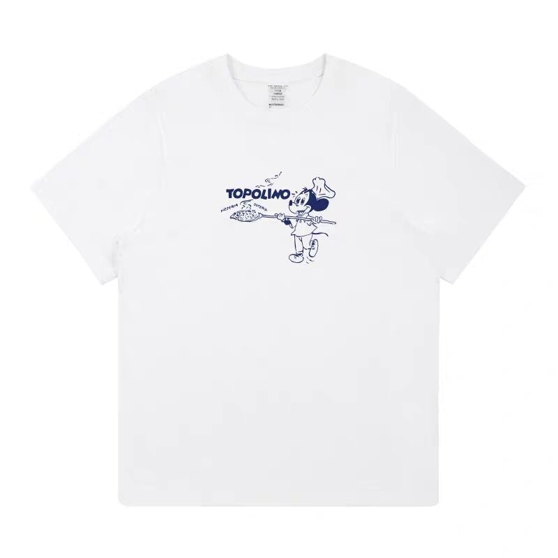 American Retro Vintage Cartoon Mickey Pizza Print T-Shirt Loose Pure Cotton White Short Sleeve Top for Women Summer