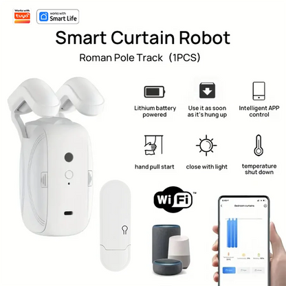 WiFi  Smart Automatic Curtain Opener with App Timer Voice Control High Performance Motor for Roman Pole Tracks ，Light Sensor 