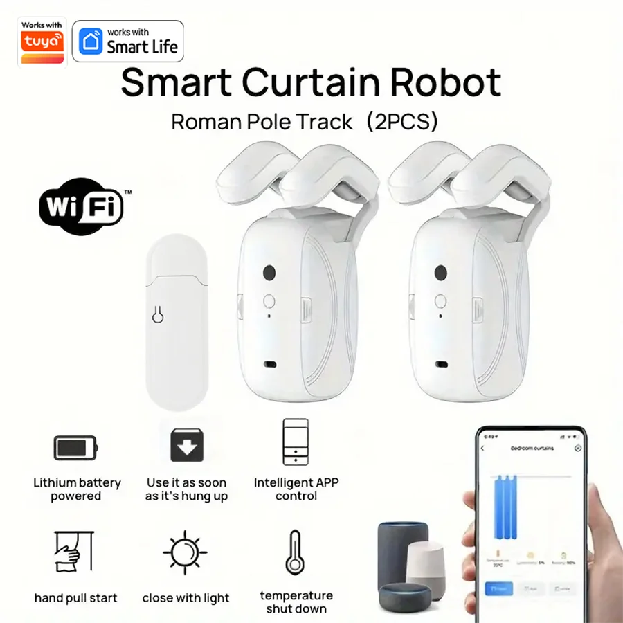 WiFi  Smart Automatic Curtain Opener with App Timer Voice Control High Performance Motor for Roman Pole Tracks ，Light Sensor 