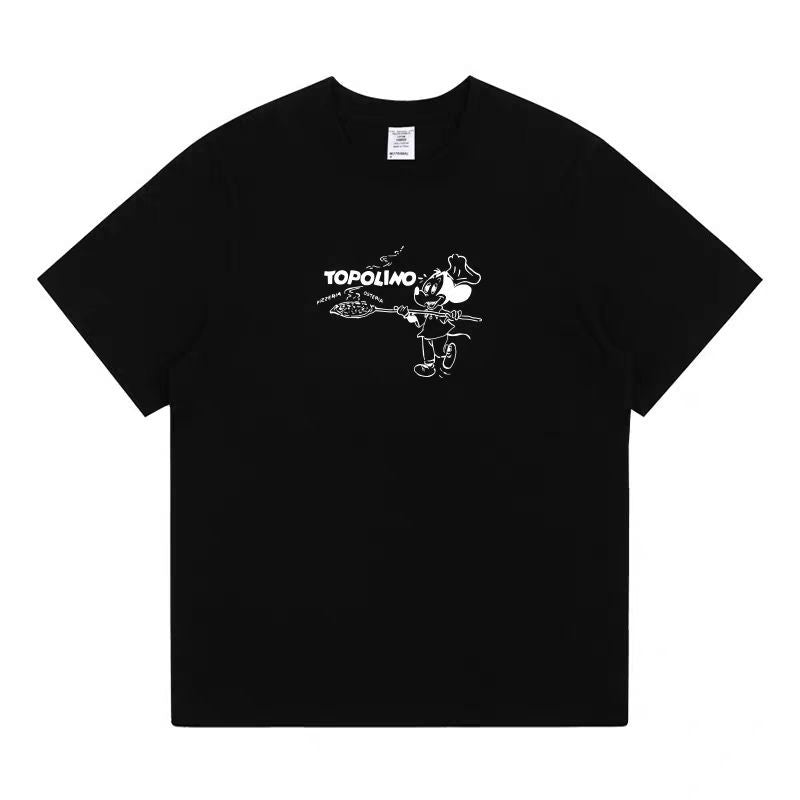 American Retro Vintage Cartoon Mickey Pizza Print T-Shirt Loose Pure Cotton White Short Sleeve Top for Women Summer