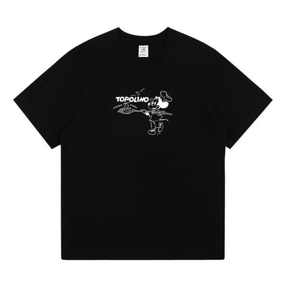 American Retro Vintage Cartoon Mickey Pizza Print T-Shirt Loose Pure Cotton White Short Sleeve Top for Women Summer