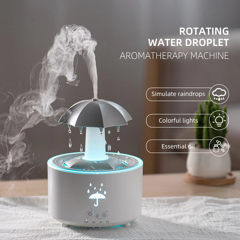 New Rainbow Raindrop Aromatherapy Machine Rotating Water Drop Humidifier 7-Color Lamp Creative Umbrella Essential Oil Diffuser