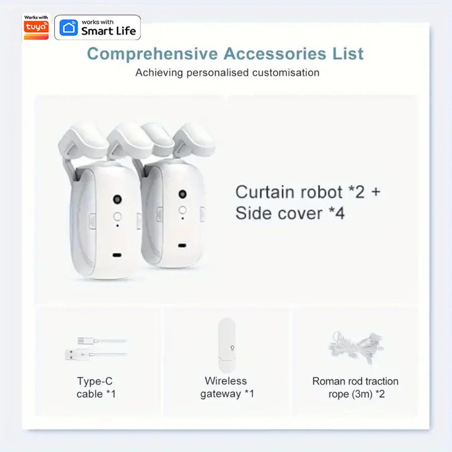 WiFi  Smart Automatic Curtain Opener with App Timer Voice Control High Performance Motor for Roman Pole Tracks ，Light Sensor 