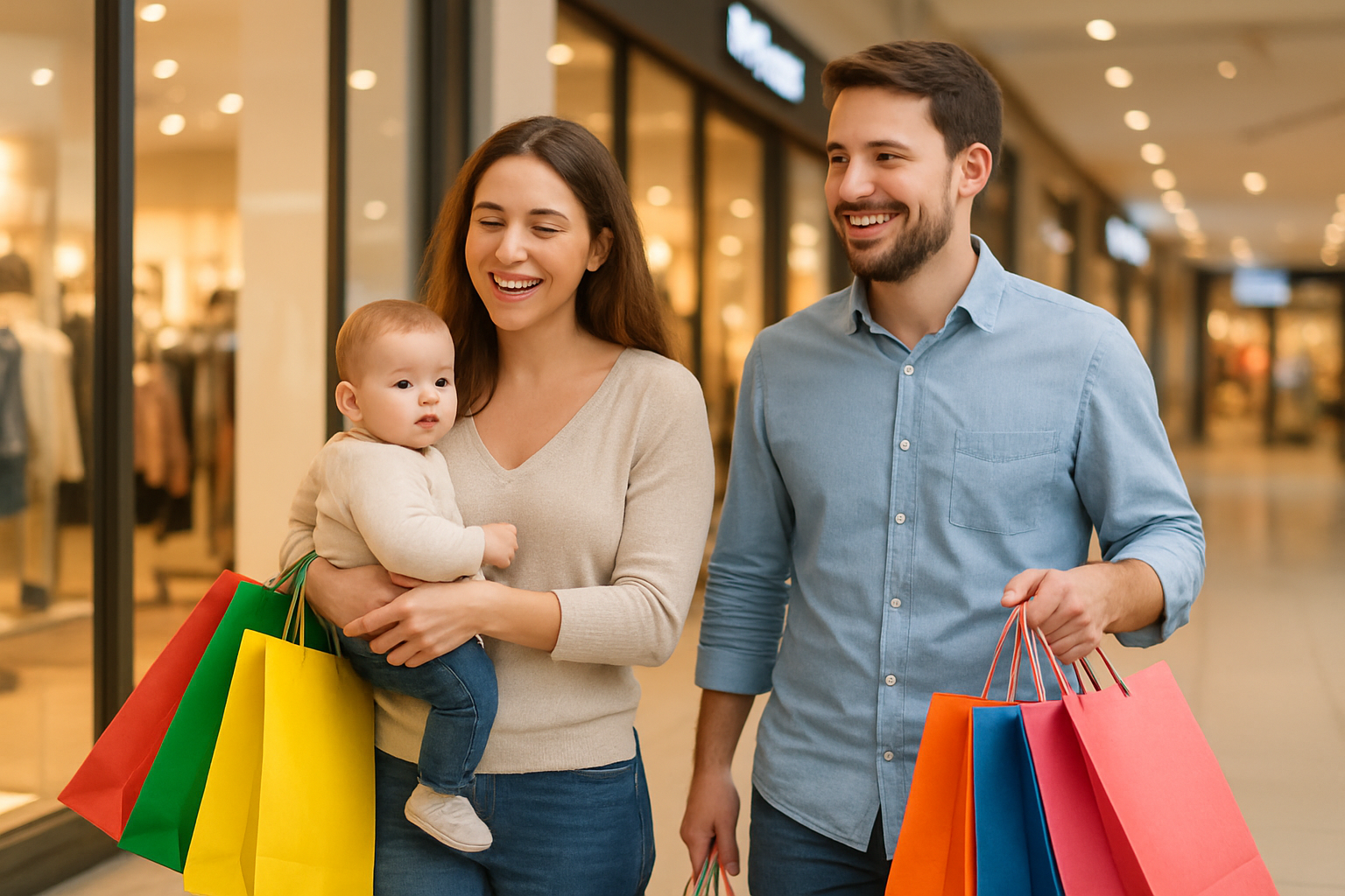 MAN AND WOMEN WITH BABY SHOPPING WITH SHOPERS IN HAND